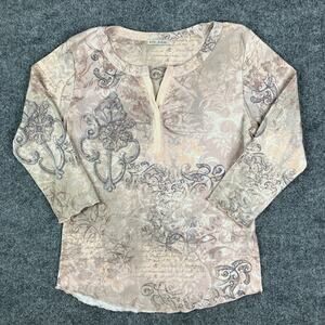 Xcit‎ USA Top Womens Large Beige Floral Print Rhinestone Boho 3/4 Sleeve